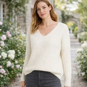 Vince SZ S 100% Cotton V-Neck Shaker Heavy Knit Sweater Cream $295